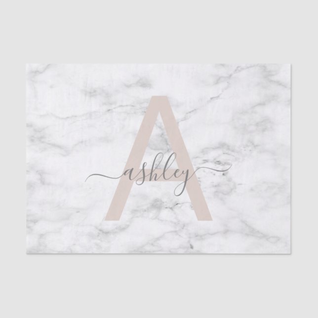 Papel De Seda Chic Blush White Marble Script Name Monogramo (Frente )