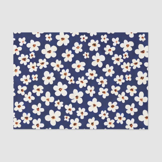 Papel De Seda Chic Boho Daisies - Padrão Azul Escuro (Frente )