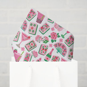 Papel De Seda Chic Caprichoso Rosa e Verde Festa Mahjong
