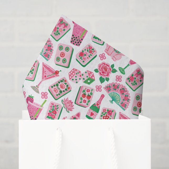 Papel De Seda Chic Caprichoso Rosa e Verde Festa Mahjong (Sacola de presentes)