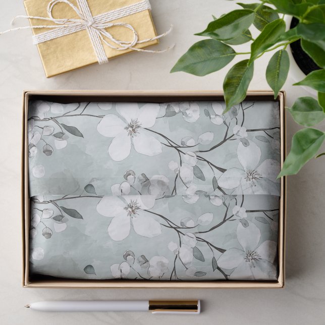 Papel De Seda Chic Cinza Flores Brancas Chuveiro de Noiva (Presente)