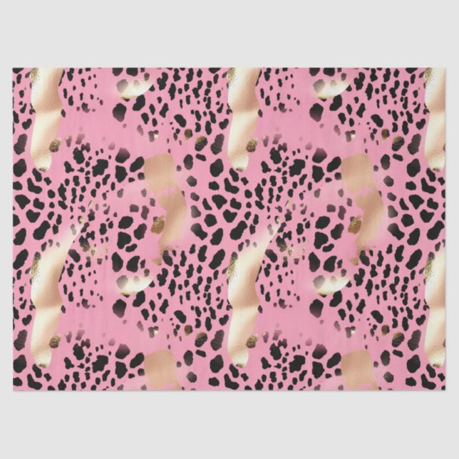 Papel De Seda Chic Glam Dourado Leopardo Preto Rosa Rosa (Frente )