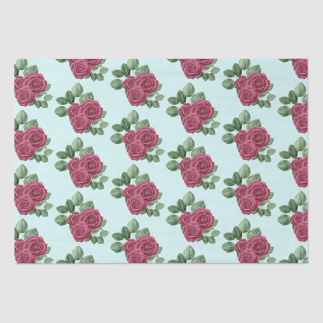 Papel De Seda Chic Mint Burgundy Rosas Dourados Folhas de Casame (Frente )
