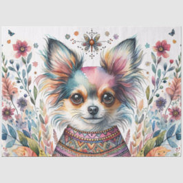 Papel De Seda Chihuahua Caprichoso em Aquarela Floral Boho