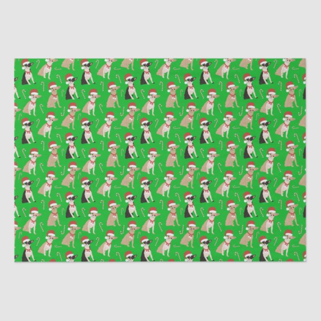 Papel De Seda Chihuahua Santa Hat Candy Cane Natal Verde (Frente )
