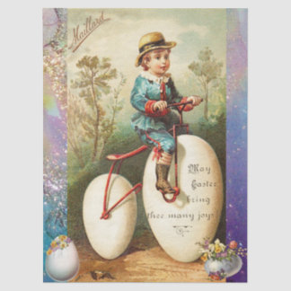 PAPEL DE SEDA CHILD WITH EASTER EGG BIKE AND COLORFUL FLOWERS