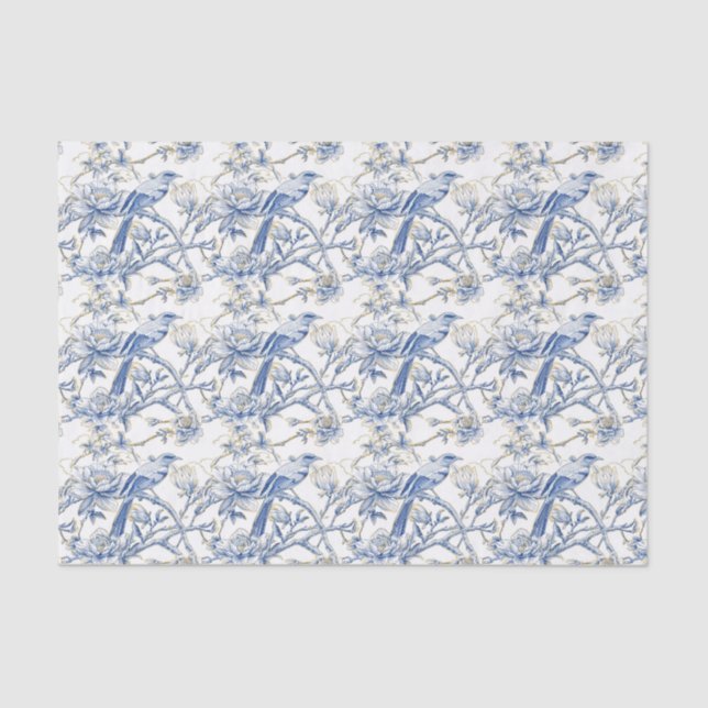 Papel De Seda Chinoiserie Asiática Bird White Blue Decoupágina F (Frente )