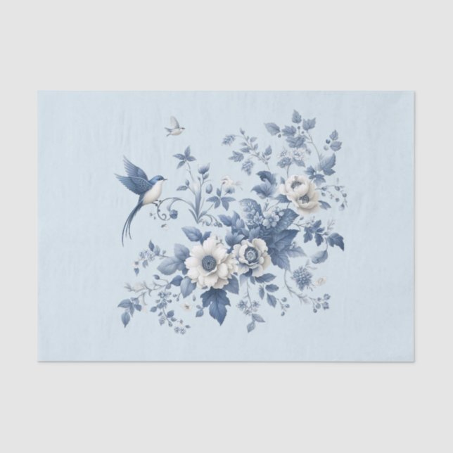Papel De Seda Chinoiserie Bird e Floral Blue (Frente )