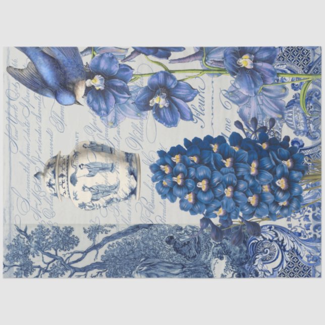 Papel De Seda Chinoiserie Blue White Flower Jar Script Ephemera (Frente )