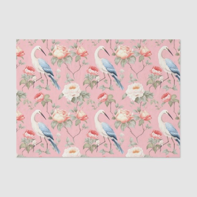 Papel De Seda Chinoiserie Egret Floral Rosa Rosa (Frente )