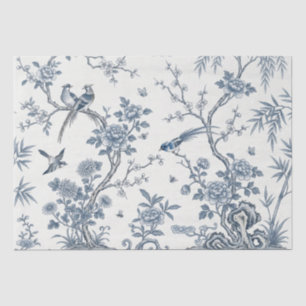 Papel De Seda Chinoiserie Floral Pássaro Azul Poeirento e Branco