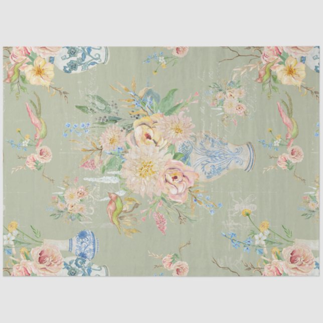 Papel De Seda Chinoiserie Floral Vases Peony Flower Decoupage (Frente )