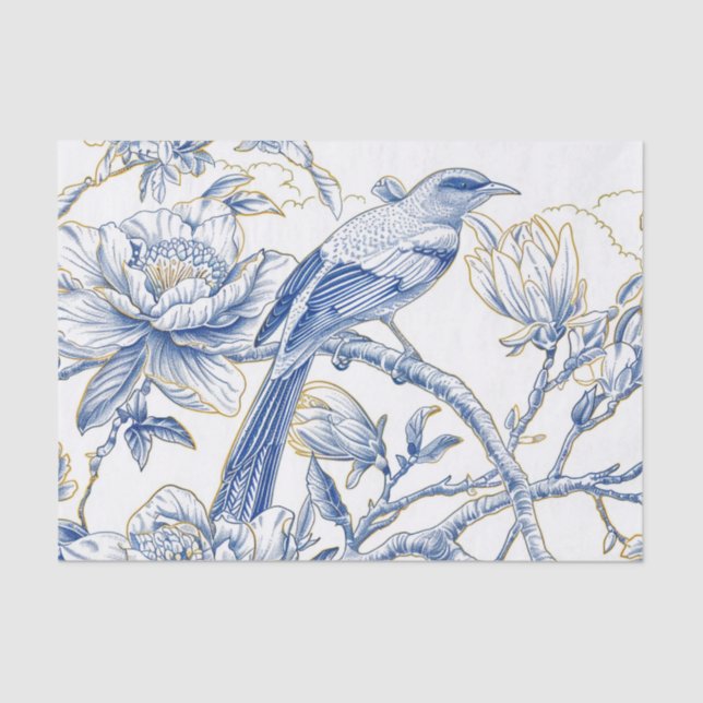 Papel De Seda Chinoiserie French-Toile Bird in Blue and Gold (Frente )