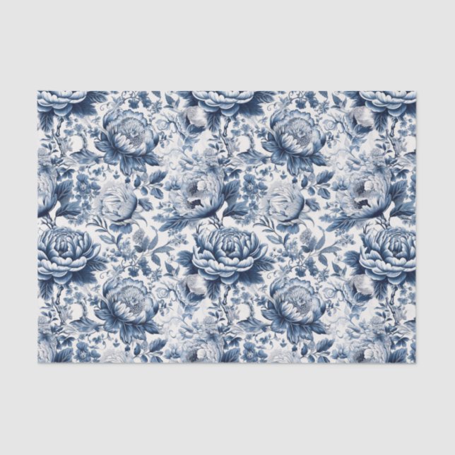 Papel De Seda Chinoiserie Marinho Azul Peonia Branca Decoupágina (Frente )