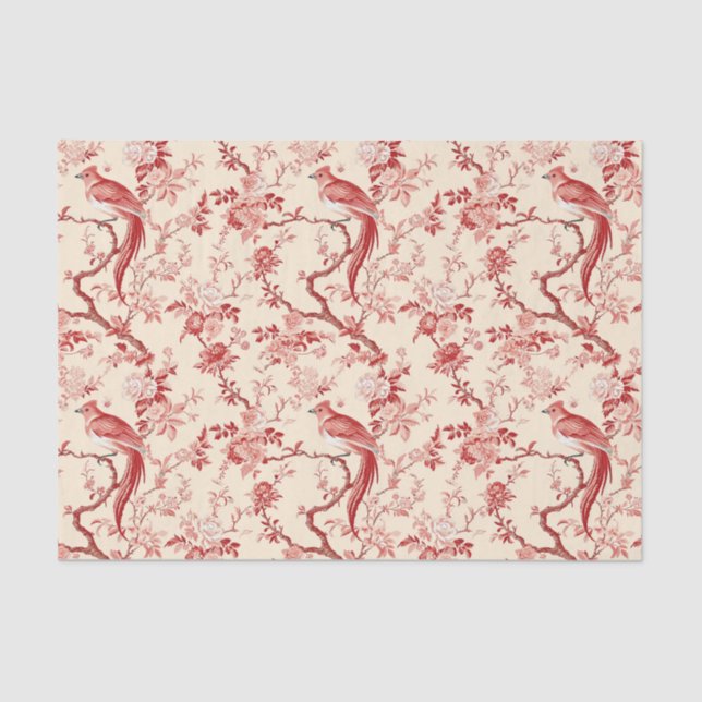 Papel De Seda Chinoiserie Pássaro Asiático Vermelho Cor-de-Rosa  (Frente )