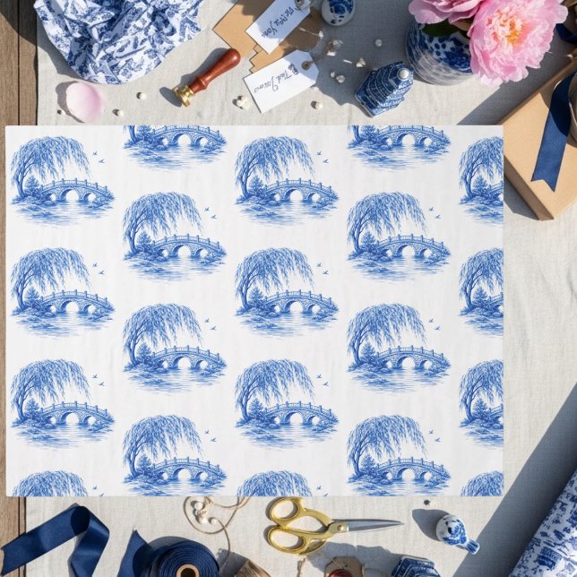 Papel De Seda Chinoiserie Ponte de Água Blue Willow (Chinoiserie Blue Willow Water Bridge Tissue Paper)