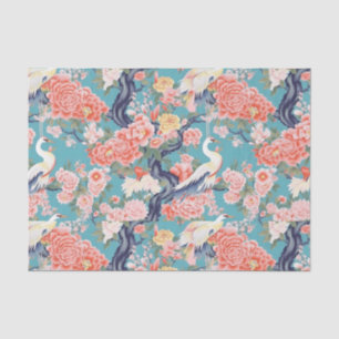 Papel De Seda Chinoiserie Teal Floral Egret