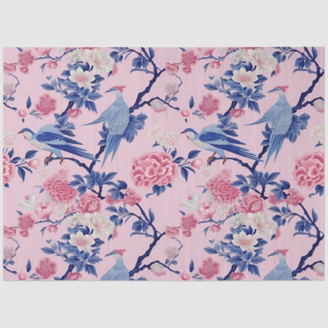 Papel De Seda Chinoserie cor-de-rosa e azul Design 1 (Frente )
