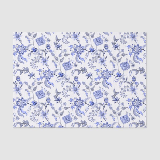 Papel De Seda Chintz Floral Azul Elegante em Branco (Frente )