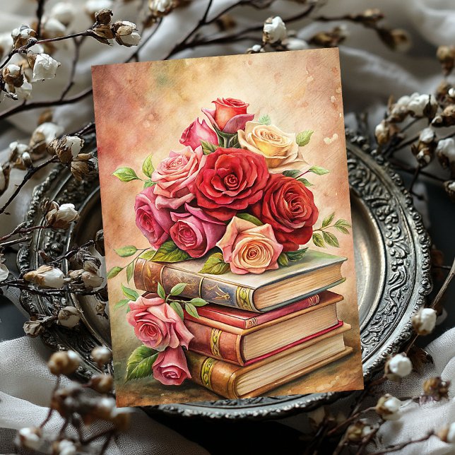 Papel De Seda Chique de aquarelas rosas vermelhas livros antigos (Watercolor shabby chic vintage red roses old books tissue paper)