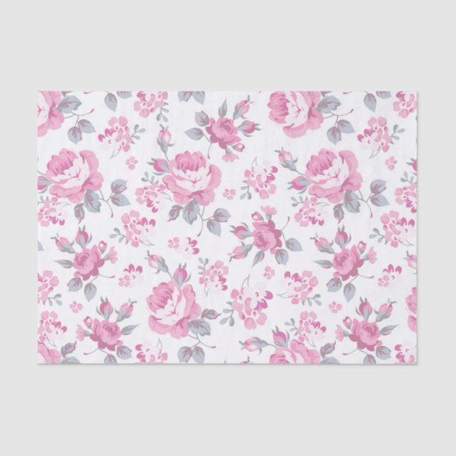 Papel De Seda chique floral, padrão rosa, rosas pálidos, branco, (Frente )