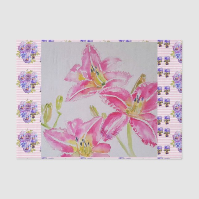 Papel De Seda Chique rosa Flor Lily Floral Spots Blue Spot (Frente )