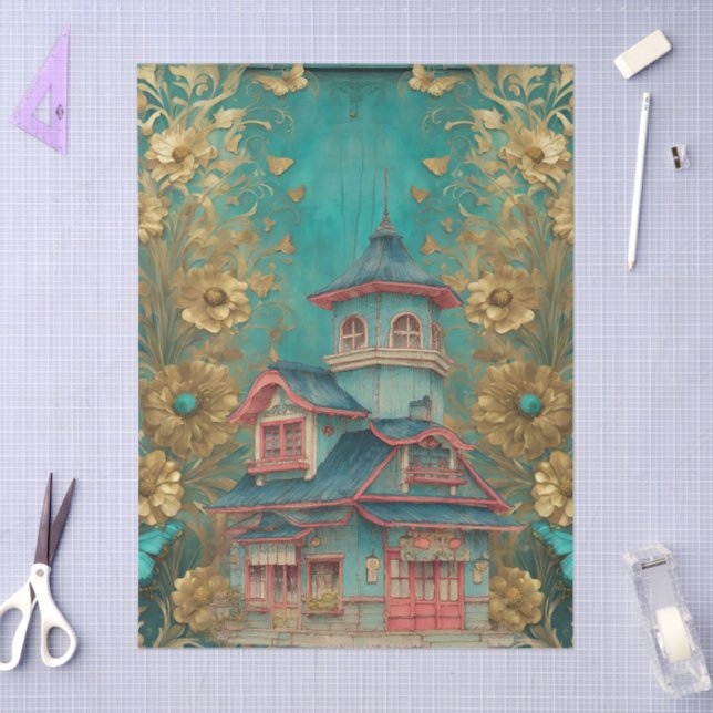 Papel De Seda Chique Teal Floral Pagoda Artesanato (Arte )