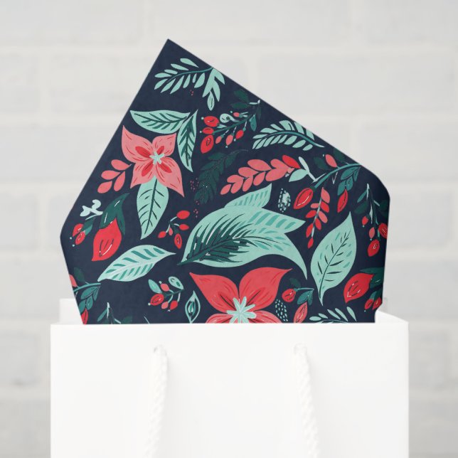 Papel De Seda Christmas Blue Elegant Botanical Floral Holiday (Sacola de presentes)