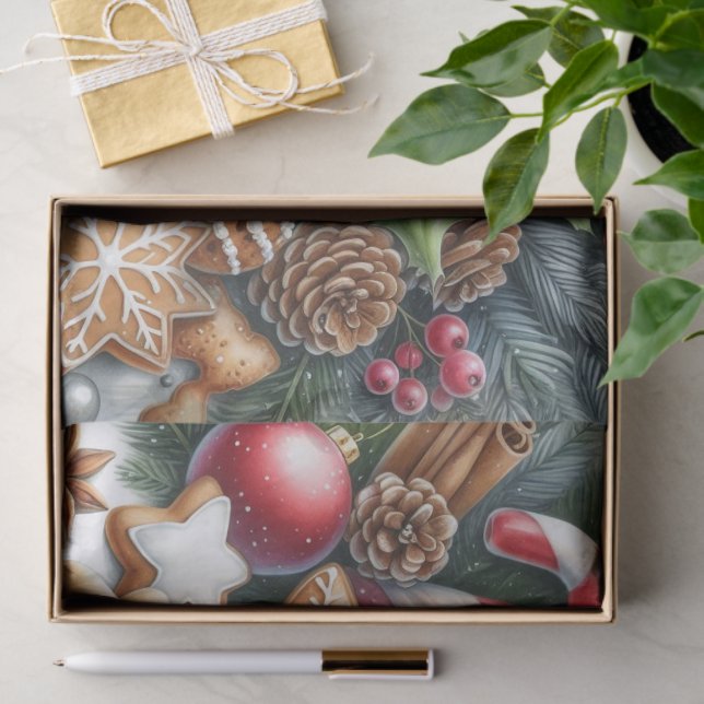 Papel De Seda Christmas Cookies Pinecones and Greenery Festive  (Presente)