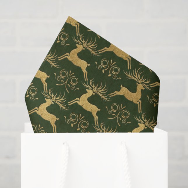 Papel De Seda Christmas Gilded Leather Reindeer Green (Sacola de presentes)