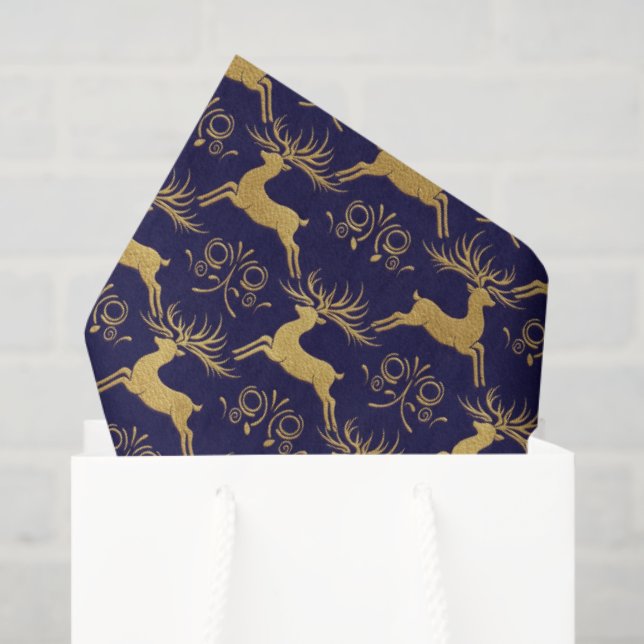 Papel De Seda Christmas Gilded Leather Reindeer Navy Blue (Sacola de presentes)