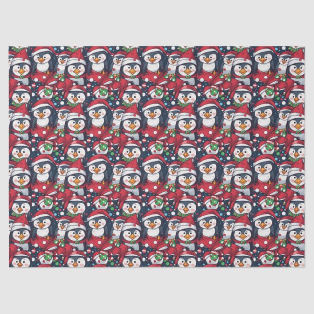 Papel De Seda Christmas Holiday Penguins in Santa Hats (Frente )