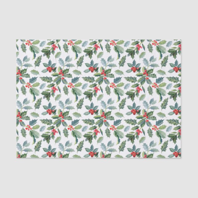 Papel De Seda Christmas Holly Leaves and Berries on White (Frente )