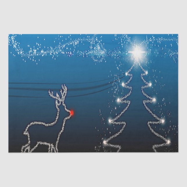 Papel De Seda Christmas Party Reindeer Tree Blue Sky Shiny Stars (Frente )