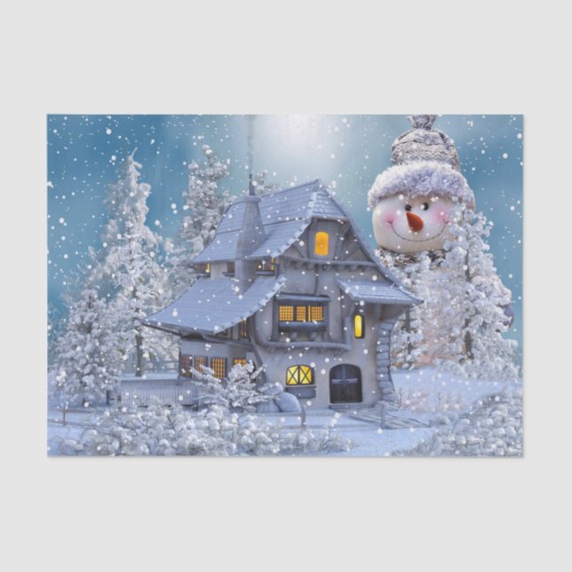 Papel De Seda Christmas Party Winter White Snowman Blue Rustic (Frente )