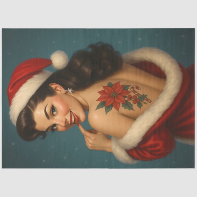 Papel De Seda Christmas Pin-Up with Poinsettia Tattoo Decoupage (Frente )