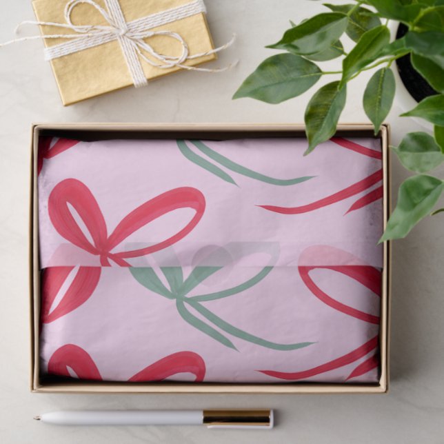 Papel De Seda Christmas Red Bows Green Pink Hand Drawn (Presente)