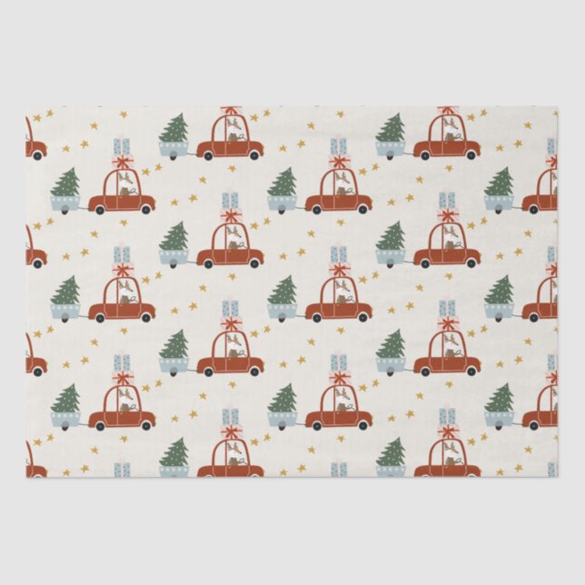 Papel De Seda Christmas Tree Red Car Illustration  (Frente )