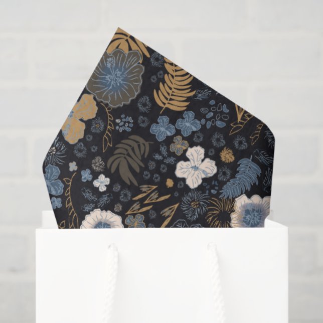 Papel De Seda Christmas Tropical Coastal Blue Hibiscus Floral  (Sacola de presentes)