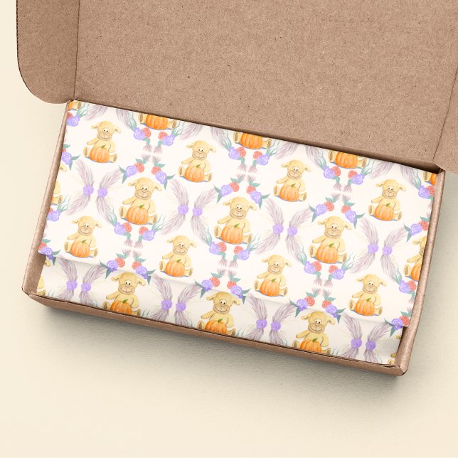 Papel De Seda Chuva de Bebê em Aquarela Boho Little Lamb Pumpkin (Boho Baby Lamb tissue paper for your gifts, gift bags and decoupage art projects.)