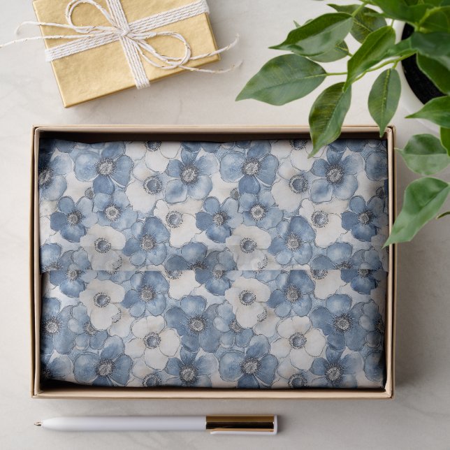 Papel De Seda Chuva de Noiva em Jeans Azul Branco com Flores (Presente)