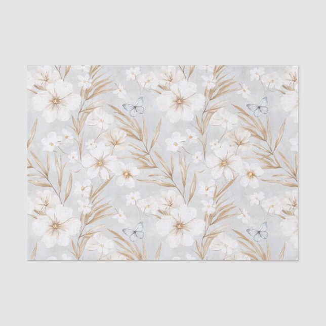 Papel De Seda Chuva de Noiva Flores Creme Branco Borboletas Azui (Frente )