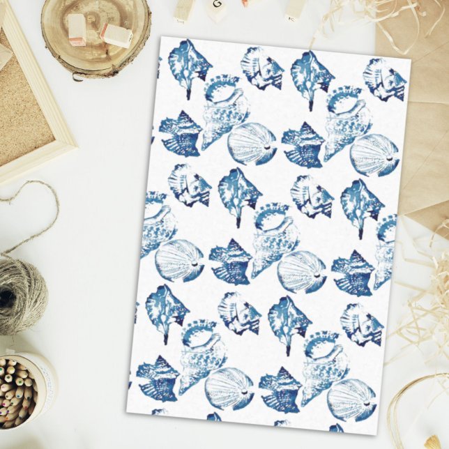 Papel De Seda cic costeira indigo azul oceano aquarela (coastal chic indigo blue ocean watercolor seashell tissue paper)