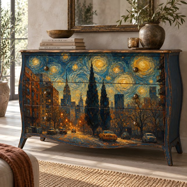 Papel De Seda Cidade Noturna Estrelada Dourada (Golden Starry Night City Tissue Paper)