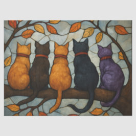 Papel De Seda Cinco Gatos em um Galho de Árvore Estilo Vidro Col