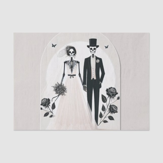 Papel De Seda Cinza Pedra Preto Esqueleto Gótico Casamento de Ha (Frente )