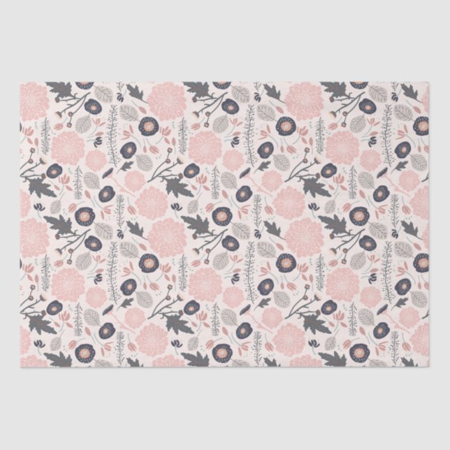 Papel De Seda Cinza rosa Padrão Botânico Preto (Frente )