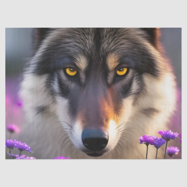 Papel De Seda Cinza Wolf Stare - Flores roxas (Frente )