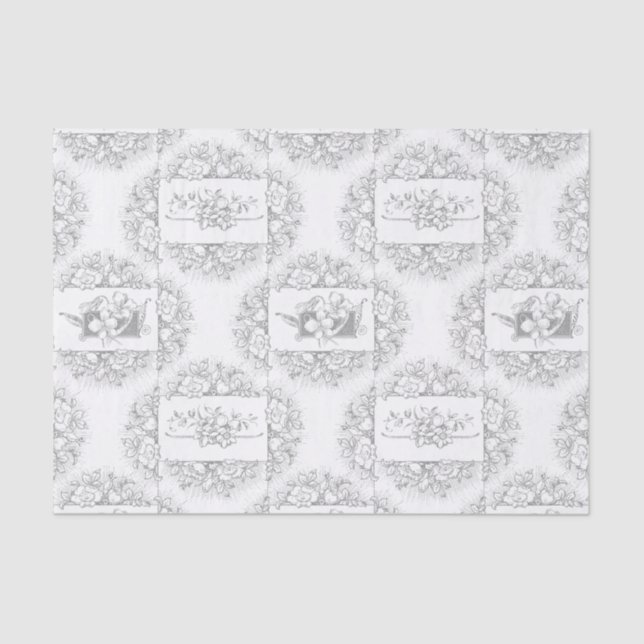 Papel De Seda Cinzas Elegantes e Floral Branco Gravado (Frente )