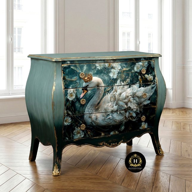 Papel De Seda Cisne Branco Elegante com Decoupage da Coroa Ouro (Criador carregado)